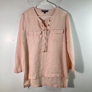 Womens Company Ellen Tracy Linen Tunic Tie Neck HI Lo Hem‎ Peach M Linen